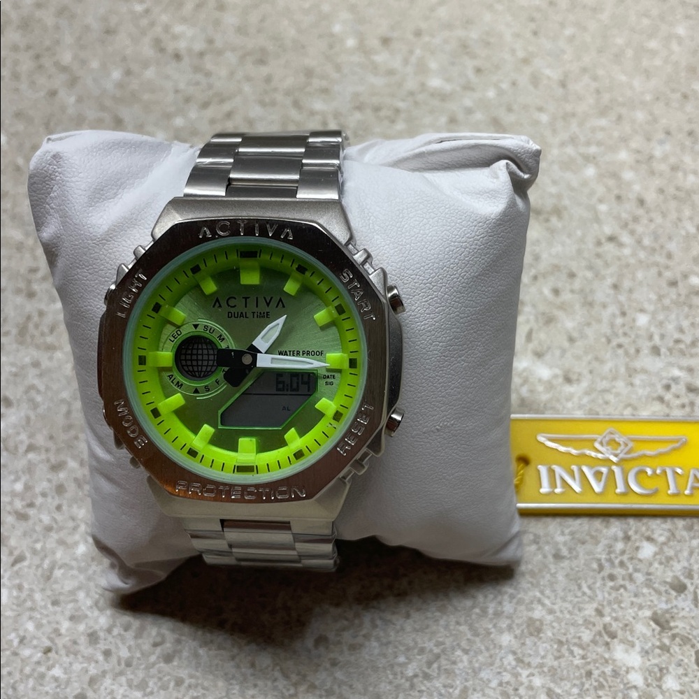 New Invicta Activa X Digital Unisex Watch 45.5 mm. Silver and Green New in Box.